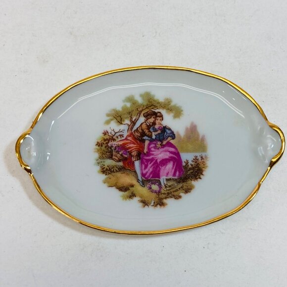 Limoges Castel France Porcelaine Miniature Tray Lovers Gold Trim Vintage as is - Picture 1 of 11